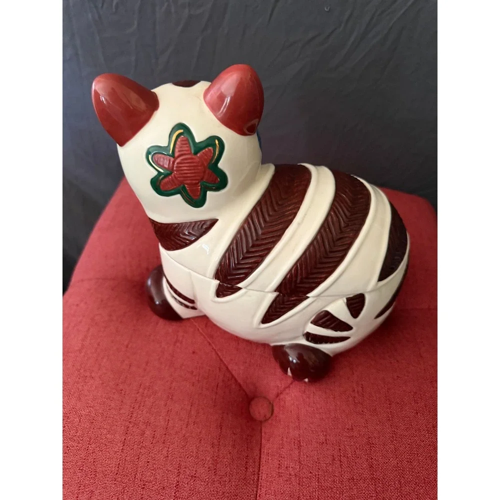 Vintage Style Ceramic Cat Cookie Jar Hand Painted Striped Kitten Kitsch Cream